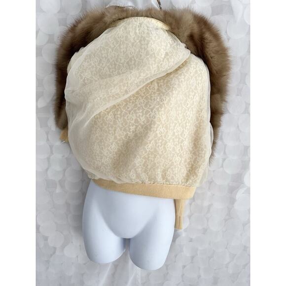 VTG 50s Women’s M 100% Cashmere Yellow Cardigan Sweater Mink FUR Collar Jeweled - Picture 11 of 14